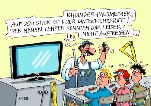 Cartoon: Lehrermangel Zwo (medium) by RABE tagged schulen,lehrer,schüler,lehrerzimmer,klassenzimmer,bildung,bildungs,ministerium,rabe,ralf,böhme,cartoon,karikatur,pressezeichnung,farbcartoon,tagescartoon,lehrermangel,unterrichtsausfall,hausmeister,unterrichtsstoff,stick,speichermedium,schulen,lehrer,schüler,lehrerzimmer,klassenzimmer,bildung,bildungs,ministerium,rabe,ralf,böhme,cartoon,karikatur,pressezeichnung,farbcartoon,tagescartoon,lehrermangel,unterrichtsausfall,hausmeister,unterrichtsstoff,stick,speichermedium