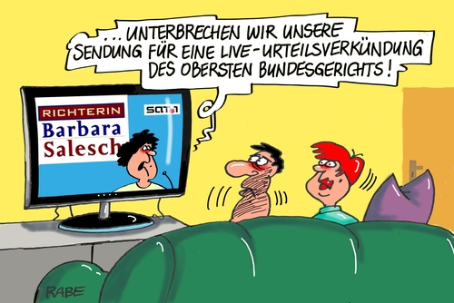 Cartoon: Liveurteil (medium) by RABE tagged urteil,urteilsverkündung,live,liveschaltung,gerichtssaal,bundesgerichte,richter,juristen,tv,rabe,ralf,böhme,cartoon,karikatur,pressezeichnung,farbcartoon,tagescartoon,mann,frau,privatvernsehen,doku,soap,richterin,barbara,salesch,hold,sat,eins,urteil,urteilsverkündung,live,liveschaltung,gerichtssaal,bundesgerichte,richter,juristen,tv,rabe,ralf,böhme,cartoon,karikatur,pressezeichnung,farbcartoon,tagescartoon,mann,frau,privatvernsehen,doku,soap,richterin,barbara,salesch,hold,sat,eins