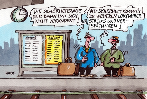 Cartoon: Lokführerstreik (medium) by RABE tagged lok,lokführer,streik,lokführerstreik,bahn,db,reisende,verspätung,tarif,tarifverhandlungen,rabe,ralf,böhme,cartoon,karikatur,pressezeichnung,farbcartoon,lufthansa,passagiere,bahsteig,verspätungen,zug,zugausfall,lok,lokführer,streik,lokführerstreik,bahn,db,reisende,verspätung,tarif,tarifverhandlungen,rabe,ralf,böhme,cartoon,karikatur,pressezeichnung,farbcartoon,lufthansa,passagiere,bahsteig,verspätungen,zug,zugausfall