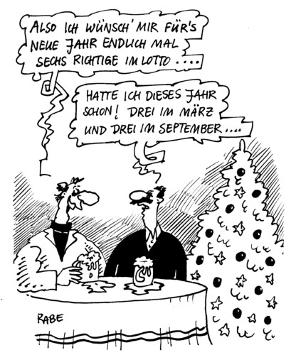 Cartoon: Lottoglück (medium) by RABE tagged silvester,neujahr,weihnachtsbaum,lotto,toto,glücksspiel,gewinn,euro,sechser,lottotipp,männer,bier,lottofee,wünsche,silvester,neujahr,weihnachtsbaum,sechser,lottotipp,gewinn,glücksspiel