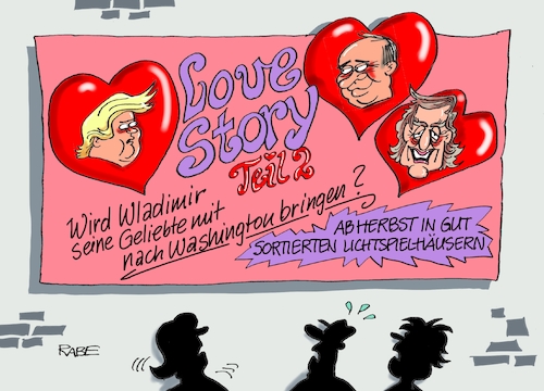 Cartoon: Love Story (medium) by RABE tagged putin,trump,gerhard,schröder,treffen,washington,herbst,einladung,gipfeltreffen,lovestory,kino,rabe,ralf,böhme,cartoon,karikatur,pressezeichnung,farbcartoon,tagescartoon,liebesgeschichte,helsinki,finnland,geheimdienste,putin,trump,gerhard,schröder,treffen,washington,herbst,einladung,gipfeltreffen,lovestory,kino,rabe,ralf,böhme,cartoon,karikatur,pressezeichnung,farbcartoon,tagescartoon,liebesgeschichte,helsinki,finnland,geheimdienste