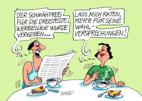 Cartoon: Lügen über Lügen (medium) by RABE tagged merz,union,kanzler,fritze,koalition,spd,klingbeil,bundesregierung,rabe,ralf,böhme,cartoon,karikatur,pressezeichnung,farbcartoon,tagescartoon,trump,putin,krisen,tv,nachrichten,schmähpreis,windbeutel,werbung,werbelüge,dreistigkeit,wahl,wahllüge,wahlversprechen,versprechungen,handel,mogelpackung,milka,lügen,merz,union,kanzler,fritze,koalition,spd,klingbeil,bundesregierung,rabe,ralf,böhme,cartoon,karikatur,pressezeichnung,farbcartoon,tagescartoon,trump,putin,krisen,tv,nachrichten,schmähpreis,windbeutel,werbung,werbelüge,dreistigkeit,wahl,wahllüge,wahlversprechen,versprechungen,handel,mogelpackung,milka