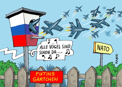 Cartoon: Luftraum (medium) by RABE tagged putin,russland,nato,luftraum,luftraumverletzung,brüssel,moskau,kampfjets,bomber,jagdflieger,abfangjäger,kalter,krieg,provokation,rabe,ralf,böhme,cartoon,karikatur,pressezeichnung,farbcartoon,tagescartoon,flieger,garten,gärtchen,zaun,nistkasten,vogelhaus,lattenzaun,vöglein,putin,russland,nato,luftraum,luftraumverletzung,brüssel,moskau,kampfjets,bomber,jagdflieger,abfangjäger,kalter,krieg,provokation,rabe,ralf,böhme,cartoon,karikatur,pressezeichnung,farbcartoon,tagescartoon,flieger,garten,gärtchen,zaun,nistkasten,vogelhaus,lattenzaun,vöglein