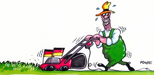 Cartoon: Mähwinkelement (medium) by RABE tagged fussball,em,europameisterschaft,ukraine,kiew,polen,löw,lahm,gomez,nationalelf,viertelfinale,tor,fahne,deutschlandfahne,wimpel,winkelement,rasenmäher,mähmaschiene,gras,rasen,auffangkorb,gärtner,rasenpflege,fussball,em,europameisterschaft,ukraine,euro 2012,euro,2012