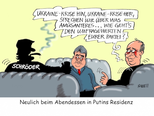 Cartoon: Männerfreundschaften (medium) by RABE tagged residenz,sankt,petersburg,putin,vladimir,kremlchef,gespräche,männerfreundschaften,abendessen,ukrainekrise,terrorbekämpfung,is,krisengespräch,rabe,ralf,böhme,cartoon,karikatur,pressezeichnung,farbcartoon,tagescartoon,altkanzler,schröder,gabriel,aussenminister,spd,umfragewerte,bundestagswahl,politbarometer,kanzlerkandidat,martin,schulz,residenz,sankt,petersburg,putin,vladimir,kremlchef,gespräche,männerfreundschaften,abendessen,ukrainekrise,terrorbekämpfung,is,krisengespräch,rabe,ralf,böhme,cartoon,karikatur,pressezeichnung,farbcartoon,tagescartoon,altkanzler,schröder,gabriel,aussenminister,spd,umfragewerte,bundestagswahl,politbarometer,kanzlerkandidat,martin,schulz