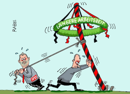 Cartoon: Maiaufbäumen (medium) by RABE tagged merz,kanzler,koalition,union,spd,klingbeil,cartoon,karikatur,pressezeichnung,farbcartoon,tagescartoon,db,bahn,frühling,frühjahr,frühjahrsputz,ice,zug,blumenkasten,blumenkästen,esc,songcontest,mai,maifeier,maibaum,arbeitszeit,verlängerung,sozialstaat,sozialreform,merz,kanzler,koalition,union,spd,klingbeil,cartoon,karikatur,pressezeichnung,farbcartoon,tagescartoon,db,bahn,frühling,frühjahr,frühjahrsputz,ice,zug,blumenkasten,blumenkästen,esc,songcontest,mai,maifeier,maibaum,arbeitszeit,verlängerung,sozialstaat,sozialreform