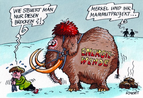 Cartoon: Mammutprojekt (medium) by RABE tagged merkel,kanzlerin,cdu,bundesregierung,enrgie,enrgiewende,atomausstieg,röttgen,nrw,wahlniederlage,bundesumweltminister,altmaier,mammut,mammutprojekt,eiszeit,brocken,atomenergie,solarenergie,windkraft,wasserkraft,kernkraftwerk,abschalten,ausstieg,kanzlerin,cdu,bundesregierung,bundesumweltminister,altmaier,röttgen,nrw