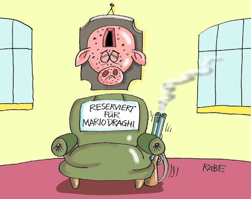 Cartoon: Mario Draghi (medium) by RABE tagged eu,brüssel,ezb,frankfurt,mario,draghi,ruhestand,verabschiedung,bank,chef,vorstand,rabe,ralf,böhme,cartoon,karikatur,pressezeichnung,farbcartoon,tagescartoon,sessel,rente,schwein,sparschwein,schrotflinte,trophäe,schrotkugel,sparer,anleger,kredite,börse,eu,brüssel,ezb,frankfurt,mario,draghi,ruhestand,verabschiedung,bank,chef,vorstand,rabe,ralf,böhme,cartoon,karikatur,pressezeichnung,farbcartoon,tagescartoon,sessel,rente,schwein,sparschwein,schrotflinte,trophäe,schrotkugel,sparer,anleger,kredite,börse