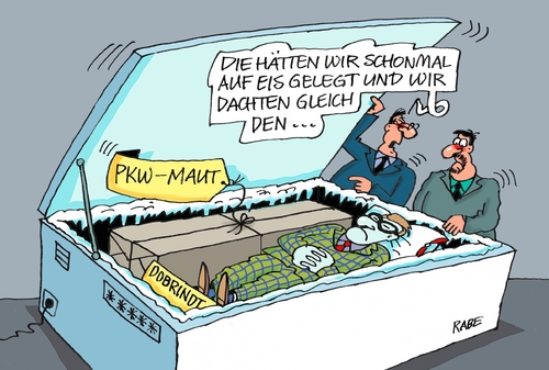 Cartoon: Maut (medium) by RABE tagged pkw,maut,ausländer,diskriminierung,gerichtshof,eis,rabe,ralf,böhme,cartoon,karikatur,pressezeichnung,farbcartoon,tagescartoon,kühltruhe,bundesverkehrsminister,dobrindt,pkw,maut,ausländer,diskriminierung,gerichtshof,eis,rabe,ralf,böhme,cartoon,karikatur,pressezeichnung,farbcartoon,tagescartoon,kühltruhe,bundesverkehrsminister,dobrindt