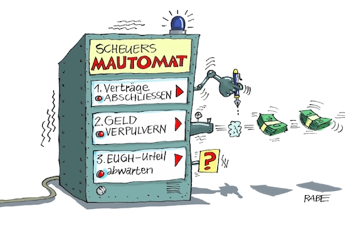 Cartoon: Mautomat (medium) by RABE tagged eugh,gerichtshof,brüssel,gesetz,beschluß,urteil,geldbuße,rabe,ralf,böhme,cartoon,karikatur,pressezeichnung,farbcartoon,tagescartoon,verkehrsminister,scheuer,csu,maut,pkw,gebühr,ungültig,mautomat,automat,verträge,geld,euros,pulver,europäischer,betreiber,eugh,gerichtshof,brüssel,gesetz,beschluß,urteil,geldbuße,rabe,ralf,böhme,cartoon,karikatur,pressezeichnung,farbcartoon,tagescartoon,verkehrsminister,scheuer,csu,maut,pkw,gebühr,ungültig,mautomat,automat,verträge,geld,euros,pulver,europäischer,betreiber