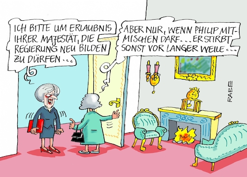 Cartoon: May Queen (medium) by RABE tagged may,labourpartei,parlamentswahlen,london,regierungsumbildung,stimmverluste,konservative,rabe,ralf,böhme,cartoon,karikatur,pressezeichnung,farbcartoon,tagescartoon,qeen,elisabeth,prinz,philip,wahldesater,regierungsmehrheit,neuwahlen,corbyn,erlaubnis,minderheitsregierung,may,labourpartei,parlamentswahlen,london,regierungsumbildung,stimmverluste,konservative,rabe,ralf,böhme,cartoon,karikatur,pressezeichnung,farbcartoon,tagescartoon,qeen,elisabeth,prinz,philip,wahldesater,regierungsmehrheit,neuwahlen,corbyn,erlaubnis,minderheitsregierung