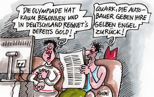 Cartoon: Medaillenregen (medium) by RABE tagged adac,autobauer,gelber,engel,preise,medaillen,medaillenregen,gold,goldmedaille,bmw,daimler,vw,betrug,korruption,mitglieder,rabe,ralf,böhme,cartoon,karikatur,pressezeicchnung,farbcartoon,sotschi,winterspiele,olympiade,putin,wintersport,sportler,sieger,siegerpodest,adac,autobauer,gelber,engel,preise,medaillen,medaillenregen,gold,goldmedaille,bmw,daimler,vw,betrug,korruption,mitglieder,rabe,ralf,böhme,cartoon,karikatur,pressezeicchnung,farbcartoon,sotschi,winterspiele,olympiade,putin,wintersport,sportler,sieger,siegerpodest