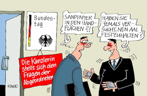 Cartoon: Merkelbefragung (medium) by RABE tagged merkel,kanzlerin,bundestag,befragung,fragestunde,rede,antwort,parteien,abgeordnete,rabe,ralf,böhme,cartoon,karikatur,pressezeichnung,farbcartoon,tagescartoon,aal,sandpapier,angel,handflächen,rauh,merkel,kanzlerin,bundestag,befragung,fragestunde,rede,antwort,parteien,abgeordnete,rabe,ralf,böhme,cartoon,karikatur,pressezeichnung,farbcartoon,tagescartoon,aal,sandpapier,angel,handflächen,rauh