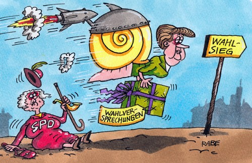 Cartoon: Merkelschnecke (medium) by RABE tagged bundestagswahl,bundestagswahlkampf,wahlversprechungen,wahlgeschenke,wähler,wählergunst,müttergeld,merkel,cdu,kamzlerin,koalition,schwarzgelb,fdp,csu,rabe,ralf,böhme,cartoon,karikatur,pressezeichnung,farbcartoon,spd,steinbrück,kanzlerkandidat,schnecke,schneckenhaus,rakete,wahlsieg,wahllüge,bundestagswahl,bundestagswahlkampf,wahlversprechungen,wahlgeschenke,wähler,wählergunst,müttergeld,merkel,cdu,kamzlerin,koalition,schwarzgelb,fdp,csu,rabe,ralf,böhme,cartoon,karikatur,pressezeichnung,farbcartoon,spd,steinbrück,kanzlerkandidat,schnecke,schneckenhaus,rakete,wahlsieg,wahllüge