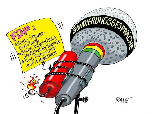 Cartoon: Mikrofonprobe (medium) by RABE tagged sondierung,sondierungsgespräche,koalitionsverhandlungen,regierungsbildung,bundestagswahl,fdp,spd,grüne,rabe,ralf,böhme,cartoon,karikatur,pressezeichnung,farbcartoon,tagescartoon,lindner,habeck,baerbock,ampel,ampelkoalition,rot,grün,gelb,jamaika,jamaikakoalition,union,laschet,söder,mikro,mikrophon,sprengstoff,zündschnur,tempolimit,schuldenbremse,steuererhöhungen,sondierung,sondierungsgespräche,koalitionsverhandlungen,regierungsbildung,bundestagswahl,fdp,spd,grüne,rabe,ralf,böhme,cartoon,karikatur,pressezeichnung,farbcartoon,tagescartoon,lindner,habeck,baerbock,ampel,ampelkoalition,rot,grün,gelb,jamaika,jamaikakoalition,union,laschet,söder,mikro,mikrophon,sprengstoff,zündschnur,tempolimit,schuldenbremse,steuererhöhungen