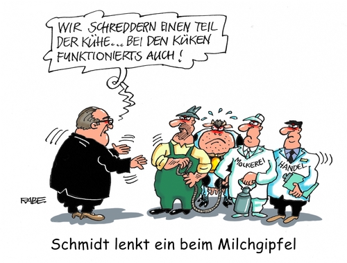 Cartoon: Milchgipfel (medium) by RABE tagged milch,milchgipfel,berlin,bauern,milchkühe,handel,molkerei,bundesagrarminister,schmidt,rabe,ralf,böhme,cartoon,karikatur,pressezeichnung,farbcartoon,tagescartoon,küken,schreddern,preisverfall,liter,milch,milchgipfel,berlin,bauern,milchkühe,handel,molkerei,bundesagrarminister,schmidt,rabe,ralf,böhme,cartoon,karikatur,pressezeichnung,farbcartoon,tagescartoon,küken,schreddern,preisverfall,liter