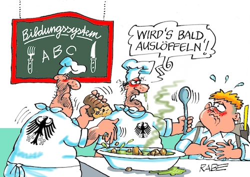 Cartoon: Misere mit System (medium) by RABE tagged schule,schüler,schulferien,herbstferien,urlaub,rabe,ralf,böhme,cartoon,karikatur,pressezeichnung,farbcartoon,tagescartoon,handy,bildungsgipfel,kultusminister,bildungsministerin,starck,watzinger,bildungsmisere,lehrer,schulkind,schultafel,ranzen,küche,köche,brei,löffel,kochtopf,schule,schüler,schulferien,herbstferien,urlaub,rabe,ralf,böhme,cartoon,karikatur,pressezeichnung,farbcartoon,tagescartoon,handy,bildungsgipfel,kultusminister,bildungsministerin,starck,watzinger,bildungsmisere,lehrer,schulkind,schultafel,ranzen,küche,köche,brei,löffel,kochtopf