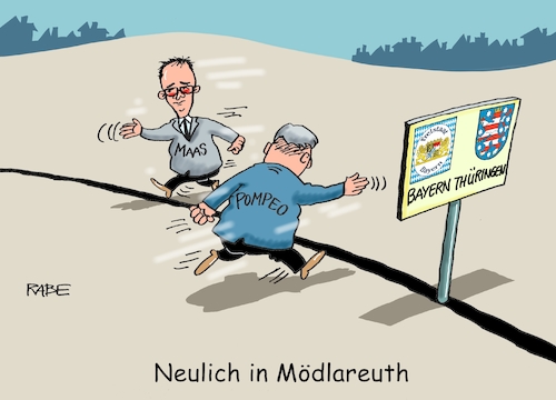 Cartoon: Mödlareuther Impressionen (medium) by RABE tagged tag,einheit,wiedervereinigung,grenze,mauerfall,feiertag,ost,west,ossi,wessi,brücke,brett,rabe,ralf,böhme,cartoon,karikatur,pressezeichnung,farbcartoon,tagescartoon,zonengrenze,bürgerbewegung,demos,mödlareuth,thüringen,bayern,heiko,maas,pompeo,usa,außenminister,treffen,grenzer,grenzzaun,mauereinsturz,dorf,tag,einheit,wiedervereinigung,grenze,mauerfall,feiertag,ost,west,ossi,wessi,brücke,brett,rabe,ralf,böhme,cartoon,karikatur,pressezeichnung,farbcartoon,tagescartoon,zonengrenze,bürgerbewegung,demos,mödlareuth,thüringen,bayern,heiko,maas,pompeo,usa,außenminister,treffen,grenzer,grenzzaun,mauereinsturz,dorf