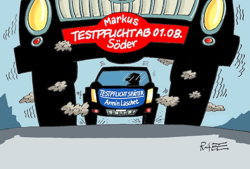 Cartoon: Monstertrucker (medium) by RABE tagged corona,bundländerkonferenz,merkel,kanzleramt,lockerungen,stufenplan,öffnungen,lockdown,shutdown,baumärkte,impfdosen,rki,fallzahlen,inzidenzwert,spahn,impfzentren,impfreihenfolge,notbremse,testpflicht,urlauber,urlaubsrückkehrer,einreisende,wattestäbchen,truck,trucker,söder,laschet,truckerfahrer,monstertruck,corona,bundländerkonferenz,merkel,kanzleramt,lockerungen,stufenplan,öffnungen,lockdown,shutdown,baumärkte,impfdosen,rki,fallzahlen,inzidenzwert,spahn,impfzentren,impfreihenfolge,notbremse,testpflicht,urlauber,urlaubsrückkehrer,einreisende,wattestäbchen,truck,trucker,söder,laschet,truckerfahrer,monstertruck