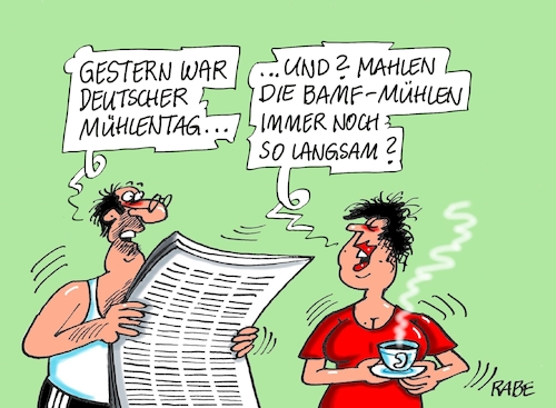 Cartoon: Mühlentag (medium) by RABE tagged bamf,bundesamt,für,migration,asylanträge,fehler,ungereimtheiten,außenstelle,bremen,bundesinnenminister,seehofer,csu,asylanten,flüchtlinge,einreise,rabe,ralf,böhme,cartoon,karikatur,pressezeichnung,farbcartoon,tagescartoon,mühlen,müller,mühlentag,windmühle,mehl,bamf,bundesamt,für,migration,asylanträge,fehler,ungereimtheiten,außenstelle,bremen,bundesinnenminister,seehofer,csu,asylanten,flüchtlinge,einreise,rabe,ralf,böhme,cartoon,karikatur,pressezeichnung,farbcartoon,tagescartoon,mühlen,müller,mühlentag,windmühle,mehl