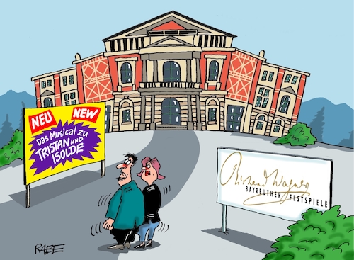 Cartoon: Musicalmania (medium) by RABE tagged bayreuth,festspiele,wagner,siegfried,schauspielhaus,rheingold,rabe,ralf,böhme,cartoon,karikatur,pressezeichnung,farbcartoon,tagescartoon,hügel,musical,tristan,isolde,bayreuth,festspiele,wagner,siegfried,schauspielhaus,rheingold,rabe,ralf,böhme,cartoon,karikatur,pressezeichnung,farbcartoon,tagescartoon,hügel,musical,tristan,isolde