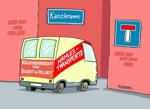 Cartoon: Nahlestransporte (medium) by RABE tagged spd,nahles,sozialministerin,kanzleramt,merkel,cdu,altmeier,schäuble,ausgebremst,rabe,ralf,böhme,cartoon,karikatur,pressezeichnung,farbcartoon,tagescartoon,sackgasse,pkw,lieferwagen,rückkehrrecht,teilzeit,vollzeit,frauen,mütter,spd,nahles,sozialministerin,kanzleramt,merkel,cdu,altmeier,schäuble,ausgebremst,rabe,ralf,böhme,cartoon,karikatur,pressezeichnung,farbcartoon,tagescartoon,sackgasse,pkw,lieferwagen,rückkehrrecht,teilzeit,vollzeit,frauen,mütter