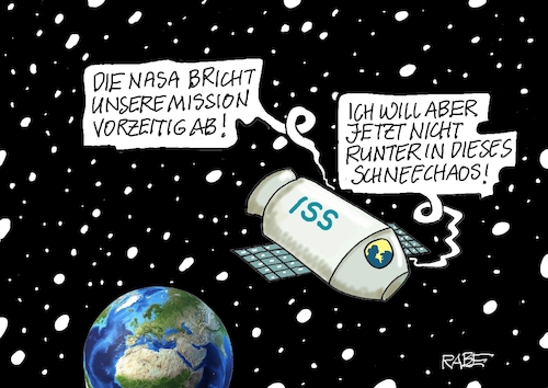 Cartoon: NASAmission (medium) by RABE tagged kälte,winter,frost,eis,schnee,wetter,wetterbericht,eisglätte,dauerfrost,cartoon,karikatur,rabe,ralf,böhme,tageszeichnung,farbcartoon,pressezeichnung,feuerwehr,kind,eisen,metall,zunge,klima,klimakleber,weltall,all,erde,erdkugel,nasa,raumstation,iss,mission,abbruch,rückkehr,atronauten,kosmonaute,kälte,winter,frost,eis,schnee,wetter,wetterbericht,eisglätte,dauerfrost,cartoon,karikatur,rabe,ralf,böhme,tageszeichnung,farbcartoon,pressezeichnung,feuerwehr,kind,eisen,metall,zunge,klima,klimakleber,weltall,all,erde,erdkugel,nasa,raumstation,iss,mission,abbruch,rückkehr,atronauten,kosmonaute