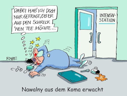 Cartoon: Nawalny erwacht (medium) by RABE tagged putin,moskau,kremlchef,geheimdienst,anschlag,regiem,regiemkritiker,navalny,omsk,rabe,ralf,böhme,cartoon,karikatur,pressezeichnung,farbcartoon,tagescartoon,gift,tee,giftanschlag,plastik,plastikbecher,nawalny,intensivstation,koma,nordstream,regimekritiker,kremlkritiker,oposition,putin,moskau,kremlchef,geheimdienst,anschlag,regiem,regiemkritiker,navalny,omsk,rabe,ralf,böhme,cartoon,karikatur,pressezeichnung,farbcartoon,tagescartoon,gift,tee,giftanschlag,plastik,plastikbecher,nawalny,intensivstation,koma,nordstream,regimekritiker,kremlkritiker,oposition