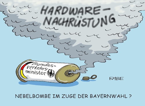 Cartoon: Nebelbombiges (medium) by RABE tagged markus,söder,csu,bayern,münchen,landesvorsitzender,horst,seehofer,merkel,cdu,union,streit,unionstreit,asylstreit,ultimatum,grenze,zurückweisung,flüchtlinge,grenzkontrollen,scheuer,bundesverkehrsminister,dieselgate,hardware,hardwarenachrüstung,nachrüstung,software,vw,dieselskandal,autohersteller,pflicht,bayernwahl,afd,markus,söder,csu,bayern,münchen,landesvorsitzender,horst,seehofer,merkel,cdu,union,streit,unionstreit,asylstreit,ultimatum,grenze,zurückweisung,flüchtlinge,grenzkontrollen,scheuer,bundesverkehrsminister,dieselgate,hardware,hardwarenachrüstung,nachrüstung,software,vw,dieselskandal,autohersteller,pflicht,bayernwahl,afd