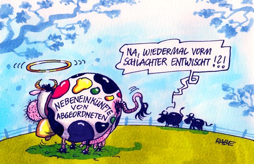 Cartoon: Nebeneinkünfte (medium) by RABE tagged metzger,nebeneinkünfte,diät,diäten,abgeordnetendiät,beraterhonorar,offenlegung,transparenz,firmen,anwaltskanzlei,verquickung,geschmäckle,steinbrück,steinmeier,peer,spd,opposition,kanzler,kanzlerin,kanzlerkandidatur,kandidat,kandidatur,wahl,wahlkampf,bundestagswahl,merkel,cdu,kanzlerfrage,kanzlerdebatte,wahlsieger,schlachter,karikatur,rabe,cartoon,kuh,weide,koppel,kühe,heilig,heiligenschein,schlachthof,metzger,nebeneinkünfte,diät,diäten,abgeordnetendiät,beraterhonorar,offenlegung,transparenz,firmen,anwaltskanzlei,verquickung,geschmäckle,steinbrück,steinmeier,peer,spd,opposition,kanzler,kanzlerin,kanzlerkandidatur,kandidat,kandidatur,wahl,wahlkampf,bundestagswahl,merkel,cdu,kanzlerfrage,kanzlerdebatte,wahlsieger,schlachter,karikatur,rabe,cartoon,kuh,weide,koppel,kühe,heilig,heiligenschein,schlachthof