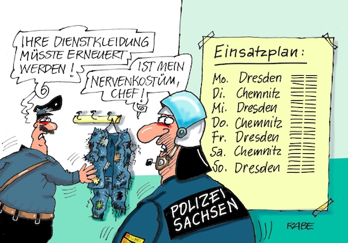 Cartoon: Nervensache (medium) by RABE tagged chemitz,sachsen,dresden,gewalttat,innenminister,messerstecherei,polizei,polizisten,polizeieinsatz,demo,gegendemo,hundertschaft,rabe,ralf,böhme,cartoon,karikatur,pressezeichnung,farbcartoon,tagescartoon,mob,hetzjagd,gewalt,rechte,eskalation,eskalationsspirale,flüchtlinge,chemitz,sachsen,dresden,gewalttat,innenminister,messerstecherei,polizei,polizisten,polizeieinsatz,demo,gegendemo,hundertschaft,rabe,ralf,böhme,cartoon,karikatur,pressezeichnung,farbcartoon,tagescartoon,mob,hetzjagd,gewalt,rechte,eskalation,eskalationsspirale,flüchtlinge