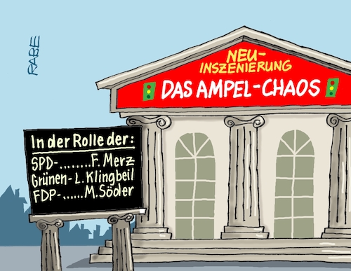 Cartoon: Neuinszenierung (medium) by RABE tagged merz,union,kanzler,fritze,koalition,spd,klingbeil,bundesregierung,rabe,ralf,böhme,cartoon,karikatur,pressezeichnung,farbcartoon,tagescartoon,trump,putin,krisen,tv,nachrichten,ampel,ampelchaos,neuinszenierung,streit,stromsteuer,stromsteuersenkung,theater,schauspiel,söder,fdp,cdu,grüne,merz,union,kanzler,fritze,koalition,spd,klingbeil,bundesregierung,rabe,ralf,böhme,cartoon,karikatur,pressezeichnung,farbcartoon,tagescartoon,trump,putin,krisen,tv,nachrichten,ampel,ampelchaos,neuinszenierung,streit,stromsteuer,stromsteuersenkung,theater,schauspiel,söder,fdp,cdu,grüne