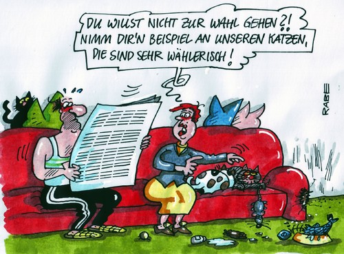 Cartoon: Nichtwähler (medium) by RABE tagged wahl,wahlkampf,nichtwähler,wahlurne,wahlbenachrichtigung,wahlplakat,wahltag,bundesregierung,landearegierung,parlament,volksvertreter,cdu,spd,linke,grüne,csu,fdp,piraten,parlamentarier,bürger,wählerstimme,wahlgang,couch,ehepaar,frau,mann,katzen,stubentiger,samtpfoten,katzenfell,futter,fressnapf,katzenfutter,thunfisch,leberwurst,kaffesahne,wahl,wahlkampf,wahlurne,nichtwähler,wahlbenachrichtigung,wahlplakat,bundesregierung,landearegierung,grüne,linke,spd,volksvertreter,cdu,parlament,parlamentarier,piraten,wahlgang