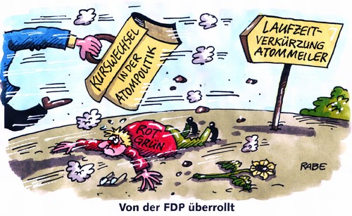 Cartoon: Niedergewalztes (medium) by RABE tagged überrollt,plattgewalzt,kurswechsel,landtagswahl,westerwelle,brüderle,fdp,parteivorsitz,merkel,kanzlerin,cdu,euro,krise,opposition,koalition,grüne,spd,linke,csu,bundesregierung,rücktritt,atomausstieg,laufzeitverkürzung,rotgrün,schwarzgelb,atommeiler,kernkraft,brennelemente,restrisiko,moratorium,plutonium,supergau,umweltbelastung,wegweiser,sonnenblume,aktentasche,überrollt,kurswechsel,landtagswahl,westerwelle,brüderle,fdp,parteivorsitz,merkel,krise,opposition,koalition