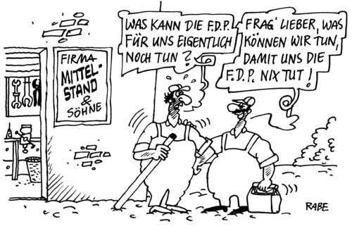 Cartoon: Nix tun (medium) by RABE tagged westerwelle,rösler,brüderle,lindner,außenminister,vizekanzler,fdp,parteispitze,parteipräsidium,koalition,landesvorsitz,gesundheitsminister,bundesregierung,merkel,kanzlerin,führungskrise,abwahl,euro,krise,mittelstand,unternehmen,firma,aufschwung,werkstatt,firmengebäude,männer,handwerker,werkzeug,fdp,westerwelle,brüderle,rösler,lindner,außenminister,vizekanzler,parteispitze,parteipräsidium