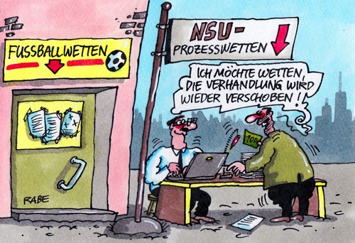 Cartoon: NSU-Wetten (medium) by RABE tagged nsu,prozess,olg,münchen,presseplätze,wetten,wettbüro,fußballwetten,rabe,ralf,böhme,cartoon,karikatur,pressezeichnung,nazi,nazimorde,zschäpe,richter,verteidiger,aussetzung,prozessdauer,angehörige,opfer,türken,griechen,sitzplätze,los,lostrommel,anwälte,hauptverhandlung,sitzungssaal,anklage,beate,nsu,prozess,olg,münchen,presseplätze,wetten,wettbüro,fußballwetten,rabe,ralf,böhme,cartoon,karikatur,pressezeichnung,nazi,nazimorde,zschäpe,richter,verteidiger,aussetzung,prozessdauer,angehörige,opfer,türken,griechen,sitzplätze,los,lostrommel,anwälte,hauptverhandlung,sitzungssaal,anklage,beate