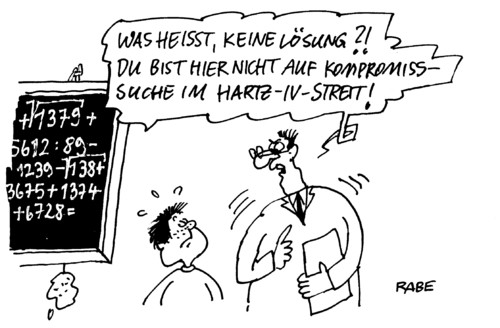 Cartoon: Null Lösung (medium) by RABE tagged hartzkompromiss,streit,euro,schule,sozialministerin,arbeitsministerin,lehrer,schüler,tafel,kreide,matheaufgaben,schwamm,hilfe,unterstützung,sozialhilfe,bildungspaket,zuschuß,arbeitsamt,rettungspaket,armutsgrenze,familienministerin,sozialministerin,lösung,kompromiss,schüler,lehrer,schule,tafel,mathematik,euro,bildungspaket,kreide,bildung,familie,hartz