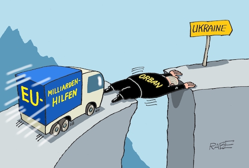 Cartoon: Orbanblockade (medium) by RABE tagged eu,brüssel,rede,nation,lage,uschi,ursula,von,der,leyen,rabe,ralf,böhme,cartoon,karikatur,pressezeichnung,farbcartoon,tagescartoon,gipfel,gipfeltreffen,ungarn,victor,orban,blockade,ukraine,ukrainehilfe,milliarden,bewilligung,zustimmung,brücke,schlucht,lkw,überfahrt,eu,brüssel,rede,nation,lage,uschi,ursula,von,der,leyen,rabe,ralf,böhme,cartoon,karikatur,pressezeichnung,farbcartoon,tagescartoon,gipfel,gipfeltreffen,ungarn,victor,orban,blockade,ukraine,ukrainehilfe,milliarden,bewilligung,zustimmung,brücke,schlucht,lkw,überfahrt