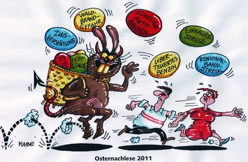 Cartoon: Ostergehoppel (medium) by RABE tagged ostern,osterfest,osterhase,ostereier,osternest,osterkorb,osternachlese,e10,kraftstoff,benzin,benzinpreis,ölkonzerne,benzinpreiserhöhung,diesel,superplus,ölmultis,tankstellen,bahn,zugverspätung,bahnstreik,regionalbahnstreik,gdl,lokfüherstreik,tariferhöhung,lohn,gehalt,euro,krise,bundesregierung,spd,cdu,csu,fdp,grüne,linke,stau,autobahn,kraftfahrer,autobahnmaut,staugefahr,stauende,waldbrand,waldbrandgefahr,feuerwehr,löschzug,feinstaub,feinstaubbelastung,pollenflug,pollen,blütenpollen,einkaufen,supermarkt,streß,einkaufsstreß,einkaufswagen,einkaufsregal,regionalbahnen,teufel,satan,hase,feldhase,mann,frau,ehepaar,flucht,reißaus,ostern,osterfest,osterhase,ostereier,osternest,osterkorb,e10,kraftstoff,benzin,benzinpreis,ölkonzerne,benzinpreiserhöhung,diesel,superplus