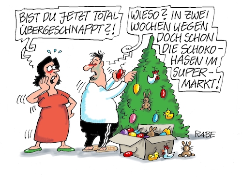 Cartoon: Osterüberraschung (medium) by RABE tagged weihnachten,weihnachtsmann,nikolaus,nikolaustag,stiefel,nikolausstiefelmichel,cartoon,karikatur,pressezeichnung,farbcartoon,tagescartoon,rute,besen,geschenke,dezember,bescherung,baumschmuck,baumbehang,glaskugeln,ostern,osterhasen,küken,hühner,supermarkt,verkauf,regale,schoko,schokoladenosterhasen,weihnachten,weihnachtsmann,nikolaus,nikolaustag,stiefel,nikolausstiefelmichel,cartoon,karikatur,pressezeichnung,farbcartoon,tagescartoon,rute,besen,geschenke,dezember,bescherung,baumschmuck,baumbehang,glaskugeln,ostern,osterhasen,küken,hühner,supermarkt,verkauf,regale,schoko,schokoladenosterhasen