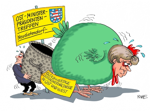 Cartoon: Ostministerpräsidenten Treffen (medium) by RABE tagged merkel,kanzlerin,union,cdu,treffen,erfurt,neudietendorf,thüringen,rabe,ralf,böhme,cartoon,karikatur,pressezeichnung,farbcartoon,tagescartoon,henne,kamm,eier,eierlegen,korb,ostminister,ost,west,lebensverhältnisse,rentenangleichung,ddr,bürger,merkel,kanzlerin,union,cdu,treffen,erfurt,neudietendorf,thüringen,rabe,ralf,böhme,cartoon,karikatur,pressezeichnung,farbcartoon,tagescartoon,henne,kamm,eier,eierlegen,korb,ostminister,ost,west,lebensverhältnisse,rentenangleichung,ddr,bürger