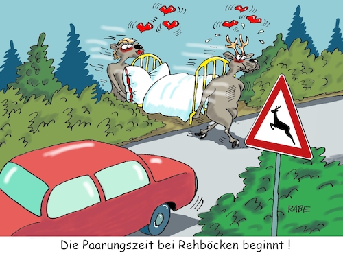 Cartoon: Paarungszeit (medium) by RABE tagged paarung,paarungszeit,rehböcke,bett,jäger,riecke,kitz,rabe,ralf,böhme,cartoon,karikatur,pressezeichnung,farbcartoon,tagescartoon,auto,autofahrer,wald,straße,unfallgefahr,verkehrszeichen,wild,wildwechsel,paarung,paarungszeit,sex,rehböcke,bett,jäger,riecke,kitz,rabe,ralf,böhme,cartoon,karikatur,pressezeichnung,farbcartoon,tagescartoon,auto,autofahrer,wald,straße,unfallgefahr,verkehrszeichen,wild,wildwechsel