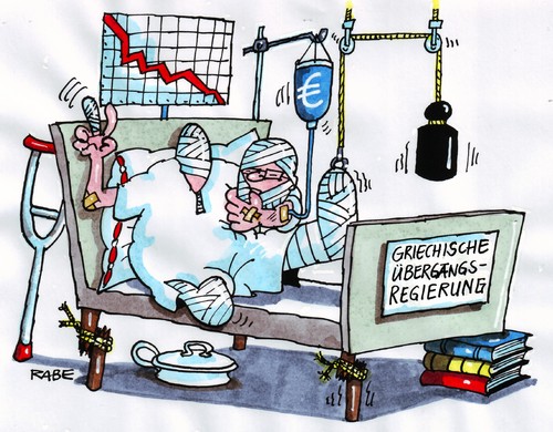 Cartoon: Papademosdebakel (medium) by RABE tagged krankenbett,krankenhaus,rettungsschirm,schuldenschnitt,schuldenkrise,schulden,eurozone,eu,euro,ministerpräsident,übergangsregierung,sozialisten,athen,griechenland,papandreou,gipsbein,mullbinden,verband,krücke,tropf,papademos,infusion,schieber,intensivstation,papademos,papandreou,sozialisten,übergangsregierung,ministerpräsident,euro,eu