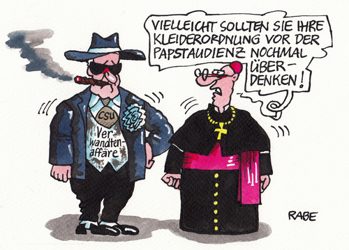 Cartoon: Papstaudienz Seehofer (medium) by RABE tagged seehofer,csu,bayern,münchen,verwandtenaffäre,christlichsozial,klüngel,filz,ministerposten,familienangehörige,verwandte,rabe,ralf,böhme,cartoon,karikatur,pressezeichnung,farbcartoon,papst,audienz,privataudienz,vatikan,rom,katholiken,katholisch,horst,empfank,mafia,kleiderordnung,gamaschen,italiene,sardinien,sizilien,seehofer,csu,bayern,münchen,verwandtenaffäre,christlichsozial,klüngel,filz,ministerposten,familienangehörige,verwandte,rabe,ralf,böhme,cartoon,karikatur,pressezeichnung,farbcartoon,papst,audienz,privataudienz,vatikan,rom,katholiken,katholisch,horst,empfank,mafia,kleiderordnung,gamaschen,italiene,sardinien,sizilien