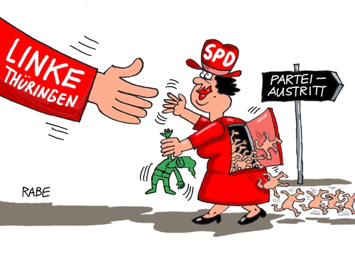 Cartoon: Parteiaustritt (medium) by RABE tagged landtagswahl,thüringen,ministerpräsident,ramelow,linke,cdu,spd,lieerknecht,parteiaustritt,parteibasis,befragung,rabe,ralf,böhme,cartoon,karikatur,pressezeichnung,farbcarton,tagescartoon,wegweiser,rotrot,grün,schwarz,landtagswahl,thüringen,ministerpräsident,ramelow,linke,cdu,spd,lieerknecht,parteiaustritt,parteibasis,befragung,rabe,ralf,böhme,cartoon,karikatur,pressezeichnung,farbcarton,tagescartoon,wegweiser,rotrot,grün,schwarz