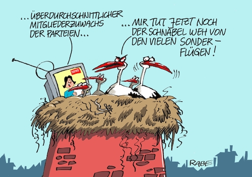 Cartoon: Parteienzuwachs (medium) by RABE tagged spd,nahles,umfragewerte,afd,wählergunst,prozent,rabe,ralf,böhme,cartoon,karikatur,pressezeichnung,farbcartoon,tagescartoon,baum,raben,tante,scholz,groko,koalitionsstreit,asylstreit,asylkompromiss,mitgliederzuwachs,parteimitglieder,mitgliederplus,steigerung,storch,störche,storchennest,parteibücher,spd,nahles,umfragewerte,afd,wählergunst,prozent,rabe,ralf,böhme,cartoon,karikatur,pressezeichnung,farbcartoon,tagescartoon,baum,raben,tante,scholz,groko,koalitionsstreit,asylstreit,asylkompromiss,mitgliederzuwachs,parteimitglieder,mitgliederplus,steigerung,storch,störche,storchennest,parteibücher