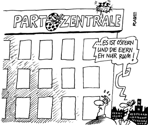 Cartoon: Parteizentrale (medium) by RABE tagged parteizentrale,parteivorstand,parteivorsitz,cdu,spd,csu,fdp,linke,grüne,bundesregierung,parteispende,kanzlerin,merkel,parteiführung,krise,euro,parteibuch,koalition,opposition,männer,ostern,firmierung,leuchtschrift,großbuchstaben,osterei,osternest,vögel,osterhase,ostergeschenk,parteizentrale,parteigebäude,parteivorsitz,parteivortand,parteibuch,ostern,spd,fdp,cdu,partei