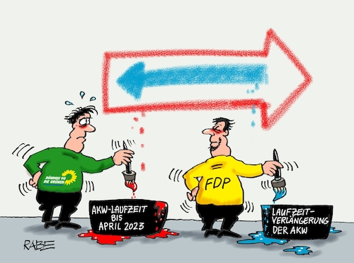 Cartoon: Pfeilgeradeaus (medium) by RABE tagged gas,gassparen,gasnotstand,gasgeben,sanktionen,gasspeicher,gasheizung,rabe,ralf,böhme,cartoon,karikatur,pressezeichnung,farbcartoon,tagescartoon,robert,habeck,putin,ukrainekrieg,wumms,doppelwumms,atomkraft,akw,atomkraftwerke,grüne,ampel,fdp,abschaltung,laufzeit,laufzeitverlängerung,april,farbe,eimer,bottich,pinsel,pfeil,wegweiser,gas,gassparen,gasnotstand,gasgeben,sanktionen,gasspeicher,gasheizung,rabe,ralf,böhme,cartoon,karikatur,pressezeichnung,farbcartoon,tagescartoon,robert,habeck,putin,ukrainekrieg,wumms,doppelwumms,atomkraft,akw,atomkraftwerke,grüne,ampel,fdp,abschaltung,laufzeit,laufzeitverlängerung,april,farbe,eimer,bottich,pinsel,pfeil,wegweiser