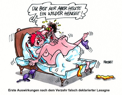 Cartoon: Pferdefleisch (medium) by RABE tagged pferdefleisch,pferdefleischskandal,lagsane,deklaration,nahrungskette,england,eu,richtlinien,lebensmittelaufsicht,fleisch,hengst,stute,rabe,ralf,böhme,cartoon,karikatur,phenylbutazon,verbraucher,verbraucherschutz,aigner,skandal,csu,betrugsfall,lebensmittelbehörde,justiz,kontrolle,schlachthof,bett,bettszene,mann,frau,ehepaar,beischlaf,orgasmus,pferdefleisch,pferdefleischskandal,lagsane,deklaration,nahrungskette,england,eu,richtlinien,lebensmittelaufsicht,fleisch,hengst,stute,rabe,ralf,böhme,cartoon,karikatur,phenylbutazon,verbraucher,verbraucherschutz,aigner,skandal,csu,betrugsfall,lebensmittelbehörde,justiz,kontrolle,schlachthof,sex,bett,bettszene,mann,frau,ehepaar,beischlaf,orgasmus