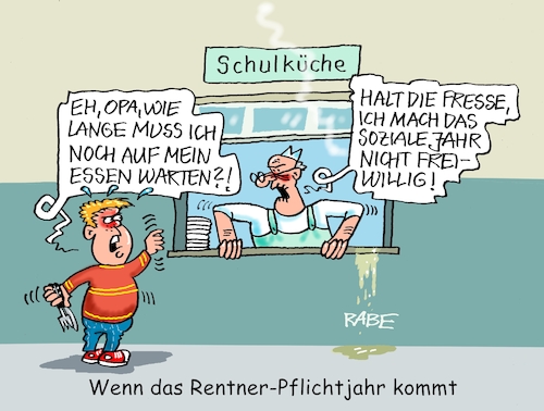Cartoon: Pflichtjahr (medium) by RABE tagged merz,union,kanzler,fritze,koalition,spd,klingbeil,bundesregierung,rabe,ralf,böhme,cartoon,karikatur,pressezeichnung,farbcartoon,tagescartoon,fett,fettnapf,drecksarbeit,rente,rentner,pflichtjahr,sozialhilfe,sozialdienst,küche,koch,schüler,schulessen,schulküche,speisesaal,merz,union,kanzler,fritze,koalition,spd,klingbeil,bundesregierung,rabe,ralf,böhme,cartoon,karikatur,pressezeichnung,farbcartoon,tagescartoon,fett,fettnapf,drecksarbeit,rente,rentner,pflichtjahr,sozialhilfe,sozialdienst,küche,koch,schüler,schulessen,schulküche,speisesaal